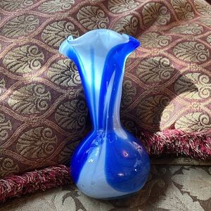 Elegant Blue and White Handblown Glass Vase